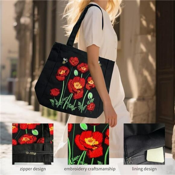 Large Canvas Tote Bag with Zipper Pocket Embroidered Shoulder Bag for Work Trave - Picture 3 of 7